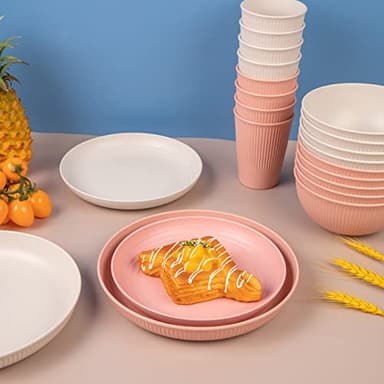 LIYH 32pcs Wheat Straw Dinnerware Sets for 8 Pink Plastic Plates and Bowls Sets,Plastic Plates Reusable,Dishwasher Freezer Safe (Pink Beige) - Image 7