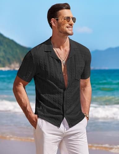 COOFANDY Men's Knit Button Down Shirt Vintage Short Sleeve Polo Shirts Casual Beach Shirts Top Black - Image 2