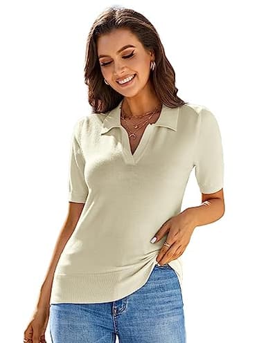 Kate Kasin Women Short Sleeve Polo Neck Pullover Sweater Casual Lightweight Loose Knit Tops Apricot M - Image 3