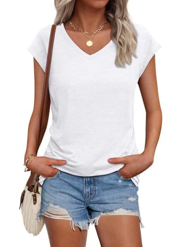 AUTOMET V Neck T Shirts for Women Spring Summer Fall Tops Teacher Work Business Dressy Casual Blouses Basic Tees Boho Fashion White M - Image 1