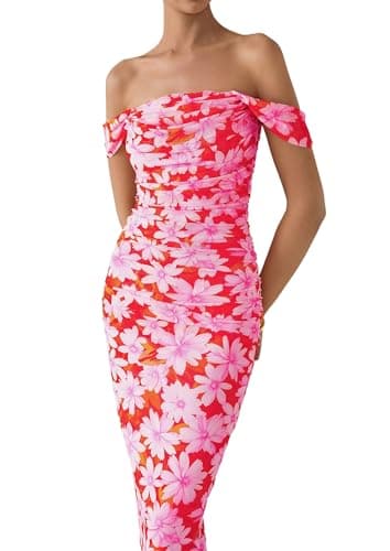 PRETTYGARDEN Maxi Dresses for Women 2025 Summer Elegant Floral Off Shoulder Ruched Mesh Cocktail Wedding Guest Dress (Pink Daisy,Small) - Image 6