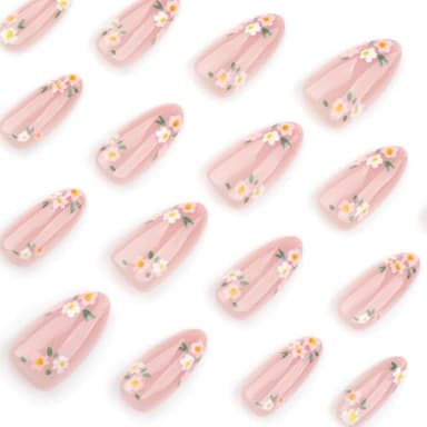 OHWODA Pink Spring Press on Nails Almond Shape Fake Nails with Small Flower Designs Daisy Floral Artificial Nails Medium Length Spring Summer Glue on Nails Flowers Stick on Nails for Women, 24Pcs - Image 3