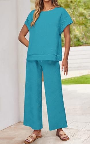 PRETTYGARDEN 2 Piece Outfits For Women Casual Tracksuit Short Sleeve Tops And Wide Leg Long Pants Matching Lounge Sets(Peacock Blue,Large) - Image 5