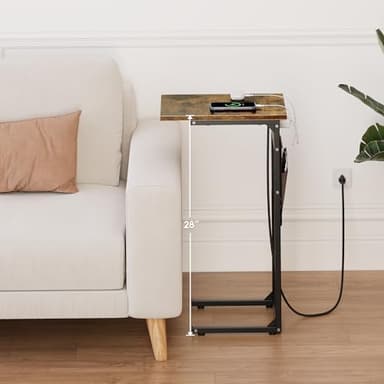 Vagusicc C Shaped End Table with Charging Station, Small Side Table for Couch, Tall Sofa Table Couch Side Tables, Slide Under Sofa Table TV Tray Arm C Tables for Living Room, Bedroom, Bedside, Brown - Image 7