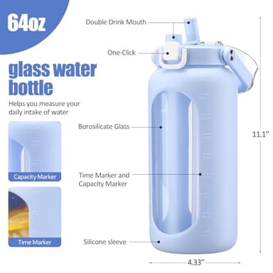 BLUEGO 64oz Glass Water Bottle with Handle and Straw, Motivational Sports Water Bottle with Time Marker and Silicone Sleeve Leakproof Drinking Bottle for Travel Gym Workout, Light Blue - Image 2