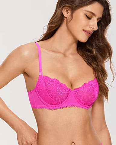 DOBREVA Women's Sexy Lace Push Up Plus Size Bra Sheer Balconette Underwire Unlined Bright Fuchsia 34E - Image 5