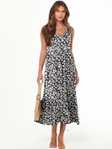 ANRABESS Womens Summer Maxi Dresses Fit & Flare Flowy V Neck Sleeveless Swing Casual Tiered Beach Sundress with Pockets Black with Floral White Large - Image 7
