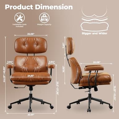 ovios Ergonomic Home Office Chair, Mid-Century Modern Faux Leather Chairs with Thickened Cushions, Comfy High Back Swivel Rolling Executive Computer Armchair (Brown, PU Leather) - Image 8