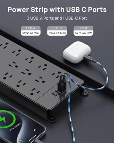 TROND Surge Protector Power Strip, 4000 Joules, ETL Listed, 13 Widely-Spaced Outlets Expansion with USB C Ports, Low-Profile Flat Plug, Wall Mountable, 5ft Extension Cord, 14AWG Heavy Duty, Black - Image 6