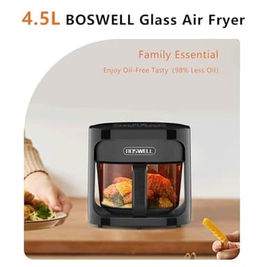 BOSWELL Glass Air Fryer, 4.5QT Transparent Fry Bowl, Circulating Heating, Non Toxic, Large Capacity Air Fryer Roast, Temperature Control Dishwasher Safe (Black) - Image 3