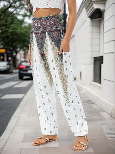 QIANXIZHAN Women's Harem Pants, High Waist Yoga Boho Trousers with Pockets White M - Image 6