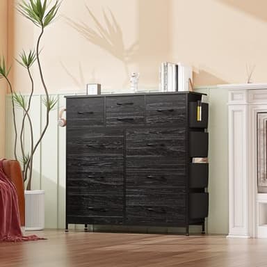 YaFiti Dresser for Bedroom with 10 Drawers, Chest of Drawers with Side Pockets, Hooks, Wooden Top and Sturdy Metal Frame, Fabric Dresser Drawers for Living Room, Hallway (Black Wood Veins) - Image 7