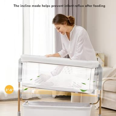Baby Bassinet Bedside Sleeper, 3-in-1 Rocking Bassinet for Baby with 6-Level Height Adjustable, 4 Wheels & Breathable Mesh Walls, Portable Bedside Bassinet with Mattress for Newborn - Image 5
