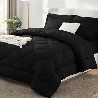 CozyLux Full Size Comforter Sets Black - 7 Pieces Bed in a Bag Full, Luxury Soft Bed Set for All Seasons, Bedding Set with Down Alternative Comforter, Sheets, Pillowcases & Shams - Image 1