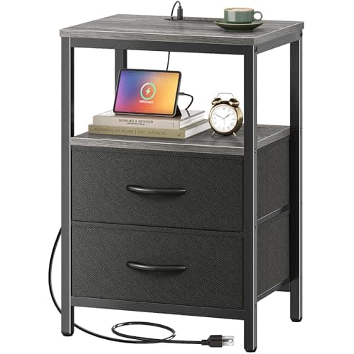 Huuger Nightstand with Charging Station, Side Table with Fabric Drawers, End Table with Open Shelf, Bedside Table with USB Ports and Outlets, Night Stand for Bedroom, Charcoal Gray - Image 1