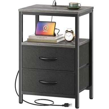 Huuger Nightstand with Charging Station, Side Table with Fabric Drawers, End Table with Open Shelf, Bedside Table with USB Ports and Outlets, Night Stand for Bedroom, Charcoal Gray - Image 1