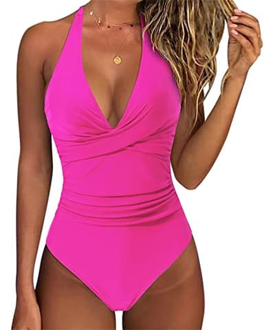 SUUKSESS Women Sexy Tummy Control One Piece Swimsuits Halter Push Up Monokini Bathing Suits (Hot Pink, L) - Image 1