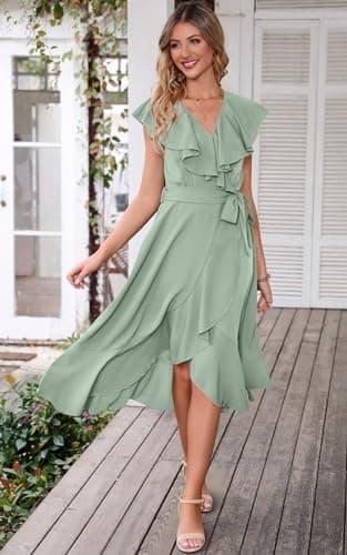 PRETTYGARDEN Short Sleeve Wrap V Neck Ruffle Summer Dress for Women Wedding Guest Dresses for Women 2025 Satin Midi Dresses (Light Green,XX-Large) - Image 7