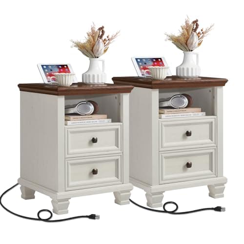 SAVOR LIFE Farmhouse Nightstand Set of 2 with Charging Station, Rustic White Nightstand,2 Drawers End Table for Living Room,Bedside Table with Open Shelf for Bed Room,White - Image 1
