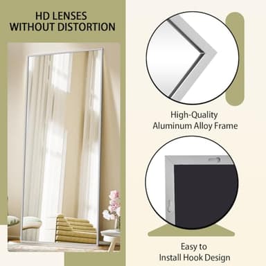 BEAUTYPEAK Full Length Mirror with Stand, 56"x21" Floor Mirror with Aluminum Alloy Thin Frame, ShatterVue Tempered Full Body Mirrors, Free Standing or Wall-Mounted Mirrors for Living Room, Silver - Image 2