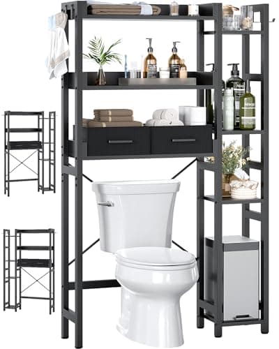 Over The Toilet Storage with 2 Drawers - 7 Tier Bathroom Organizer with Adjustable Shelf, Freestanding Space Saver Storage Rack Above Toilet Stand with 4 Hooks for Restroom, Laundry, Black - Image 1