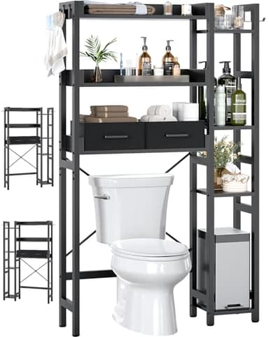 Over The Toilet Storage with 2 Drawers - 7 Tier Bathroom Organizer with Adjustable Shelf, Freestanding Space Saver Storage Rack Above Toilet Stand with 4 Hooks for Restroom, Laundry, Black - Image 1
