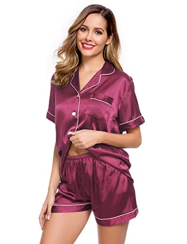 LecGee Womens Silk Satin Pajamas Short Sleeve Loungewear Two-Piece Sleepwear Button-Down Pj Set - Image 3