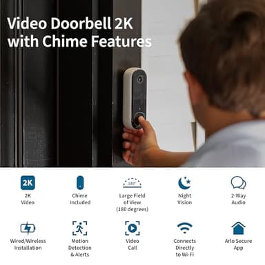 Arlo Video Doorbell 2K 2nd Generation & Chime 2 Bundle, 2K Doorbell Camera, 2-Way Audio, Package Detection, Motion Detection and Alerts, Built-in Siren, Night Vision, AVDK4001-100CNS, White - Image 2