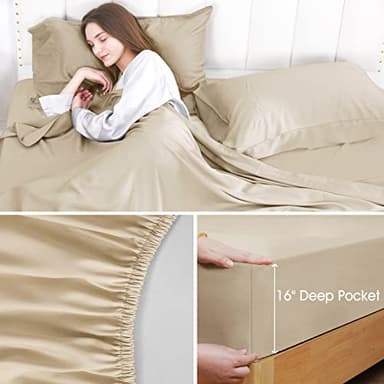 David's Home 100% Rayon Derived from Bamboo Cooling Sheets Set,Luxury Silky Soft Breathable for Hot Sleeper, 16" Deep Pocket Sheets with Pillowcase for Spring Summer,Twin,Khaki - Image 5