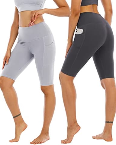 WHOUARE 4 Pack Biker Yoga Shorts with Pockets for Women,High Waisted Athletic Running Workout Gym Shorts Tummy Control,Black,Black,Dark Gray,Light Gray,XL - Image 2