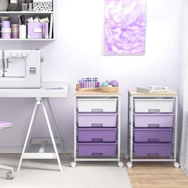 Utility Cart with 4 Drawers,Rolling Storage Cart with Drawers,Storage Rolling Drawer Cart with Wooden Tabletop for Bedroom,Kid's Room,Dorm,Classroom,Office, Purple - Image 9