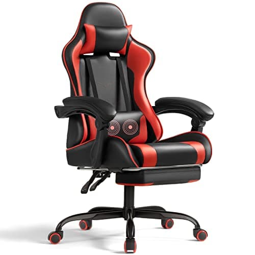 Shahoo Gaming Chair with Footrest and Massage Lumbar Support, Ergonomic Computer Chairs 360°Swivel and Height Adjustable Seat with Headrest for Office or Bedroom, Study Room, Red - Image 1