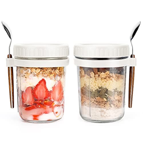 Overnight Oats Jars with Spoon and Lid 16 oz [2 Pack], Airtight Oatmeal Container with Measurement Marks, Mason Jars with Lid for Cereal On The Go Container (2pcs white) - Image 1
