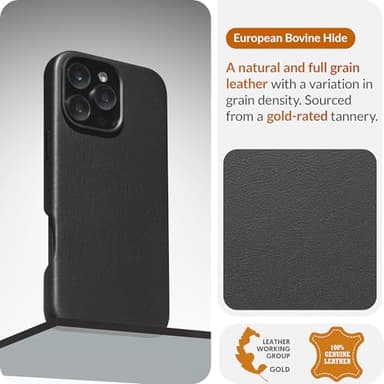 LONLI Classic - for iPhone 16 Pro Leather Case - European Genuine Vele Leather Phone Case - Smoothen and Soften Over Time - [Compatible with Magsafe] - Black - Image 3