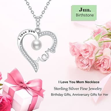 Christmas Jewelry Birthday Gifts for Mom Wife June Birthstone White Pearl Jewelry I Love You Mom Heart Pendant Sterling Silver Necklace Mother - Image 2