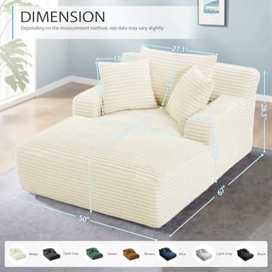 67 Inch Chaise Lounge Chair Indoor, Oversized Corduroy Upholstered Boneless Sofa Bed, Deep Seat Sleeper Couch Reading Chairs, Cloud Sofas Couches for Living Room, No Assembly Required (Beige) - Image 2
