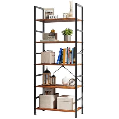 Sweetcrispy Book Shelf, 5 Tier Bookcase, Modern Tall Bookshelf for Garage Kit, CDs, Movies, Industrial Corner Storage Organizer for Bedroom Home Office Kitchen Living Room, Rustic Brown - Image 1