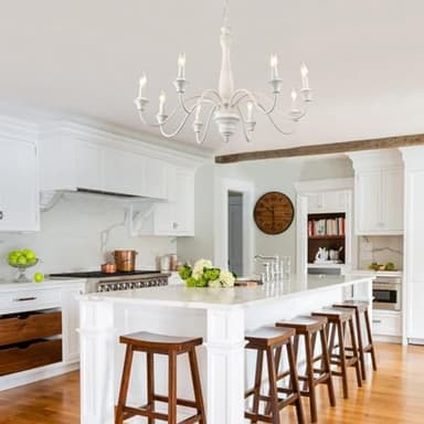 French Country Chandelier 8 Lights White Modern Farmhouse Chandeliers for Dining Room Light Fixture Rustic Candle Wood Pendant Lights for Living Room Kitchen Bedroom Island - Image 7