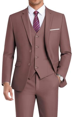 WEEN CHARM Suits for Men,3 Piece Slim Fit Suit Set with 2-Button Blazer,Vest,Pants,Tuxedo for Wedding,Prom,Party,Business Dusty Pink - Image 1