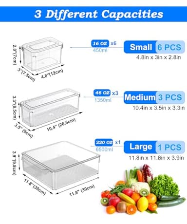 KUMD 10 Pack Fridge Organizer, Stackable Refrigerator Organizer Bins with Lids, BPA-Free Produce Fruit Storage Containers for Storage Clear for Kitchen, Food, Drinks, Vegetable Storage - Image 3