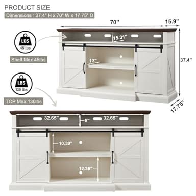 Farmhouse TV Stand for 80 Inch TVs, 37.4" Tall Entertainment Center w/Storage Cabinets and Sliding Barn Door, Media Console Cabinet w/Soundbar & Adjustable Shelves for Living Room, 70 inch (White) - Image 2