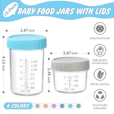 DRKIO 12 Pack Glass Baby Food Storage Containers - 4 & 8 oz Baby Food Jars with Lids Baby Food Maker Microwave Dishwasher Freezer Safe 100% Leak Proof BPA Free Reusable - Image 2