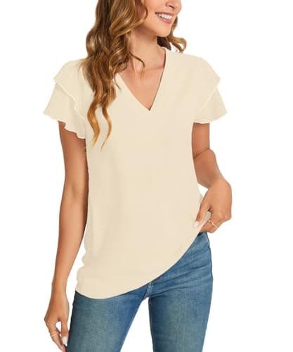 KUOTAI Womens Tops Summer Casual Shirts Short Sleeve V Neck Dressy Work Business Blouse(Beige, XX-Large) - Image 1