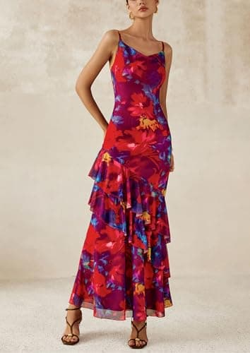 PRETTYGARDEN Maxi Dresses for Women 2025 Summer Tiered Floral Beach Sundress Spaghetti Strap Wedding Guest Long Dress (Navy Red Big Floral,Small) - Image 4