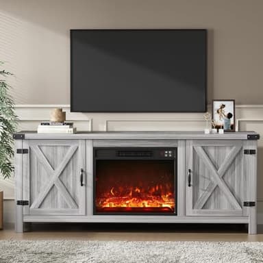 YESHOMY Fireplace TV Stand with Two Barn Doors and Storage Cabinets for Televisions up to 65+ Inch, Entertainment Center Console Table, Media Furniture for Living Room, 58 Inch, Gray Wash - Image 1