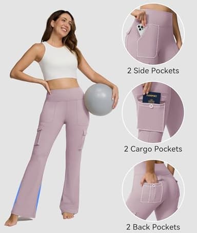 Yoga Flare Leggings for Women High Waisted Yoga Casual Pants Workout Leggings Cargo with 6 Pockets Bootcut Pants,Purple Pink XL - Image 4