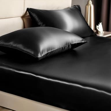BEDELITE Satin Queen Fitted Sheet & Pillowcase Set - 3-Piece Luxury Soft Silk-Like with 1 Deep Pocket Fitted Sheet (Fits 15" Mattress) & 2 Pillowcases, Elastic Corner Straps (Black) - Image 1