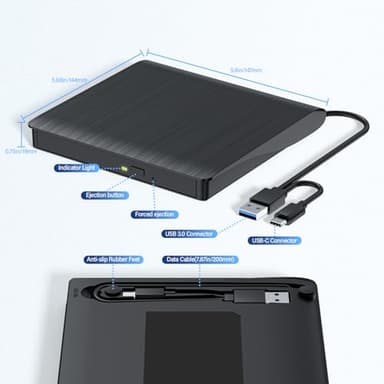LLMHHKYK External CD/DVD Drive for Laptop, USB 3.0 & Type-C CD Burner, Portable DVD Player, Slim External Optical Drive Plug and Play, CD/DVD RW, Compatible with PC, Mac, Linux (2 in 1 Black) - Image 6