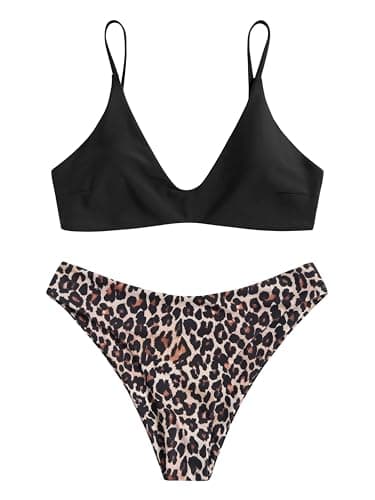 ZAFUL Women's Solid Spaghetti Strap Bralette Bikini Set Two Piece Swimsuit (1-Leopard Black, M) - Image 2