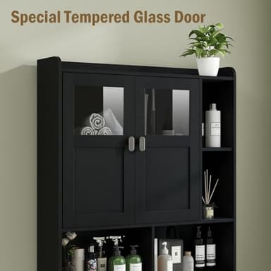 Vabches Over The Toilet Storage Cabinet, Bathroom Shelf Over Toilet with Glass Doors and Adjustable Shelves, Black Freestanding Home Space Save Toilet Rack, for Restroom, Bathroom, Laundry - Image 6